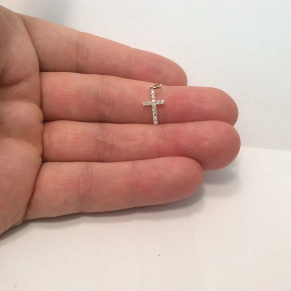 14K Real Yellow Gold Very small Cross Charm Pendant Cubic Zirconia Baby Children - Picture 5 of 7